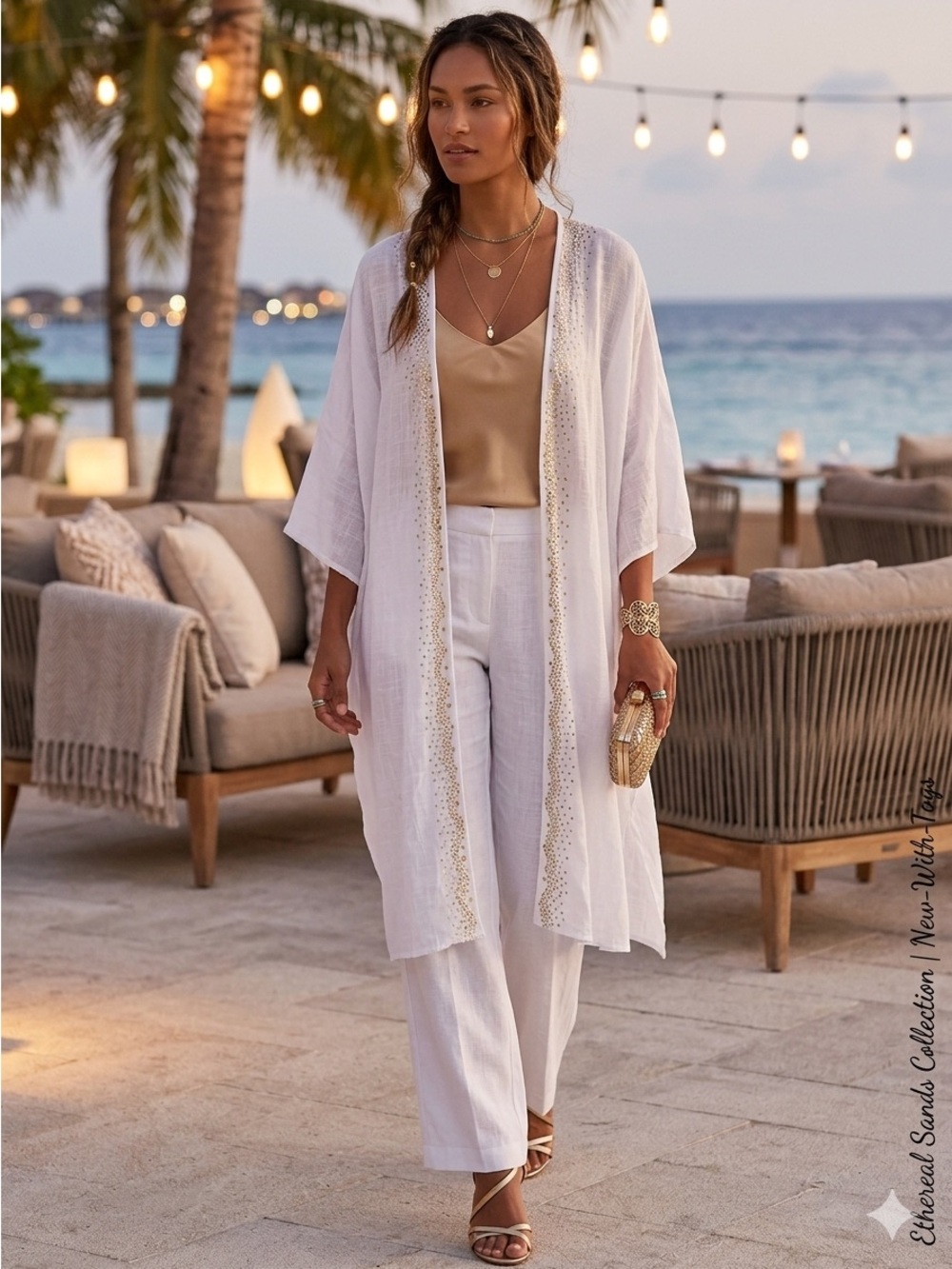 Coco + Carmen White Crinkled opened Tunic with Gold Stud Accents